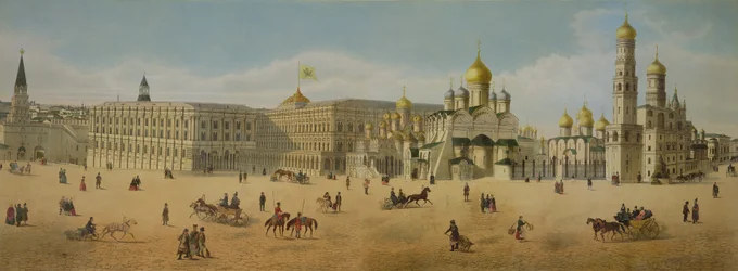 The Great Kremlin Palace and the Cathedrals of the Annunciation and of the Archangel, from a panorama of Moscow, engraved by Philippe Benoist and Aubrun, pub. by Lemercier, c.1840